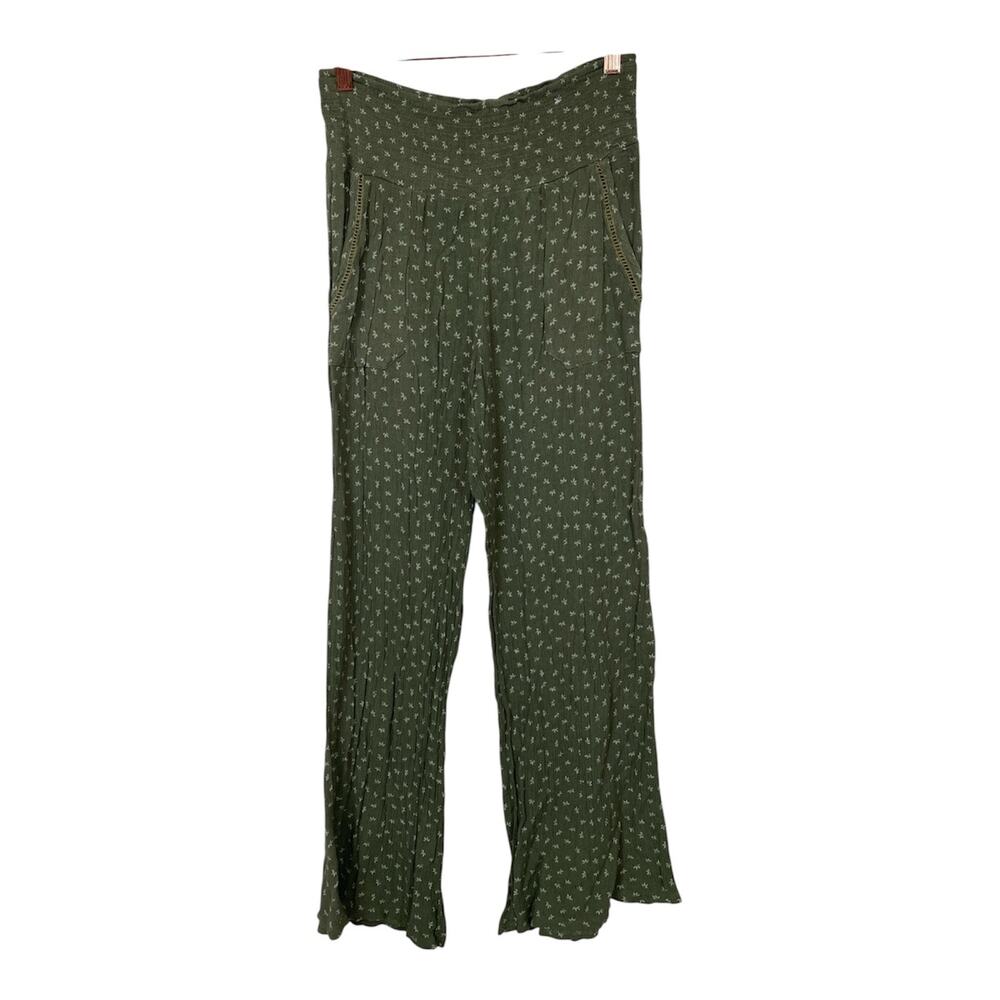 Three Dots Women Green Boho Wide Leg Pants Elastic Waist Rayon Size M